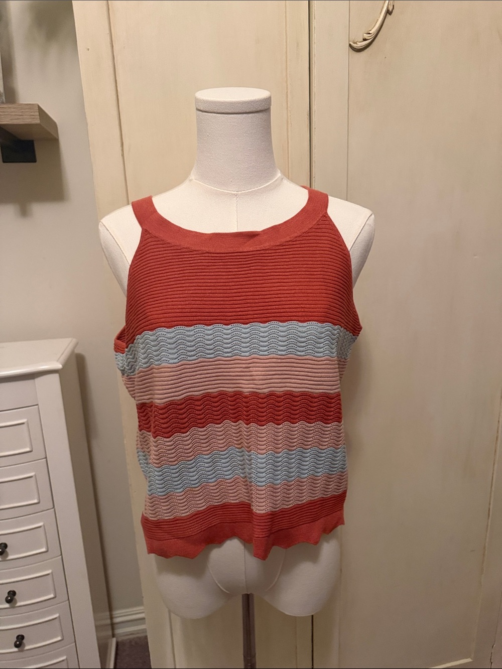 Sleeveless Striped Knit Tank Top - Rust, Pink & Light Blue